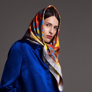 Printed square silk scarf, Multicolored designer scarf by Dikla Levsky, Holiday gift for her image 5