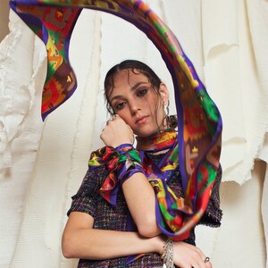 Printed skinny extra long scarf, Purple double sided Twill Silk, Made in Italy, Luxury Colorful scarf by Dikla Levsky