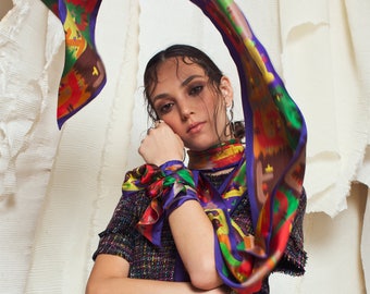 Printed skinny extra long scarf, Purple double sided Twill Silk, Made in Italy, Luxury Colorful scarf by Dikla Levsky