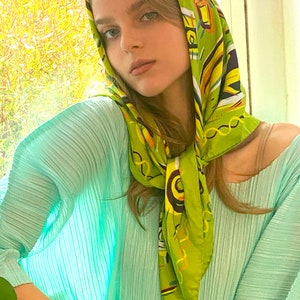 Square silk scarf printed in vibrant lime, Colorful twill silk foulard in classic size, Original designer scarf by Dikla Levsky image 7