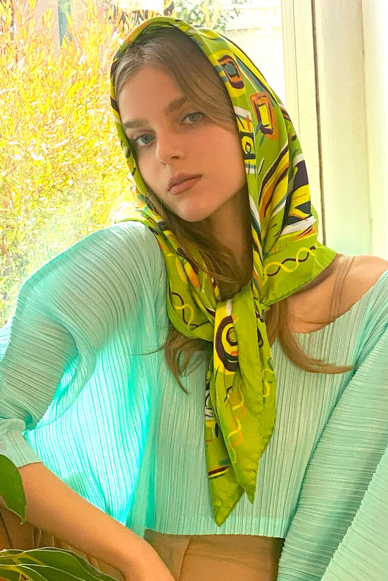 Square silk scarf printed in vibrant lime, Colorful twill silk foulard in classic size, Original designer scarf by Dikla Levsky image 7