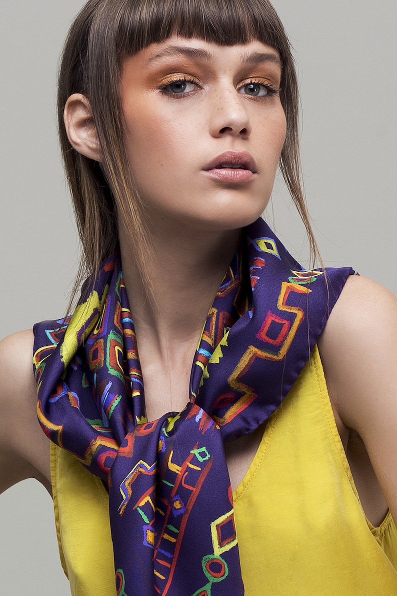 Printed silk twill scarf with original design inspired by ethnic rugs. Classic square foulard, Colorful designer scarf by Dikla Levsky. image 6