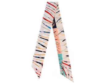 Reversible printed silk scarf, Mini elegant white twill silk neckerchief, Made in Italy, perfect as a headband or around the neck
