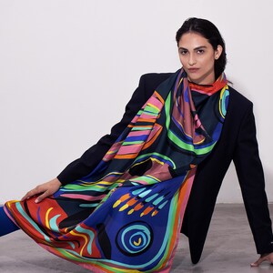 Multicolored huge square designer scarf made from twill silk, 55 inch silk Pareo body wrap, All seasons versatile Luxury accessory for her