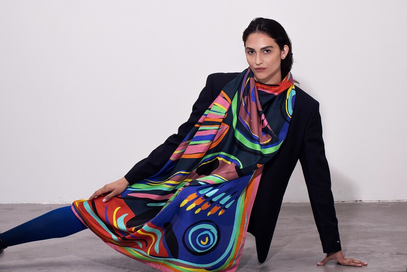 Multicolored huge square designer scarf made from twill silk, 55 inch silk Pareo body wrap, All seasons versatile Luxury accessory for her
