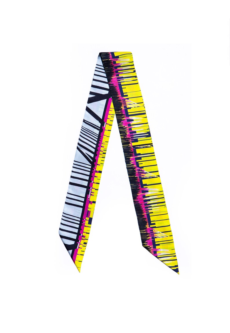 Printed skinny scarf in vibrant colors. Double sided narrow twill silk scarf with bias cut edges. Neon yellow, Pink, Black, Grey. Designer scarf by Dikla Levsky.