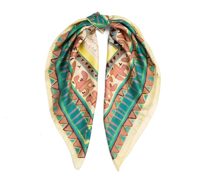 Printed square silk twill scarf in soft colors, Original designer scarf by Dikla Levsky, Made in Italy, Gift Box included, 35 x 35 in image 8