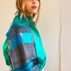 One of a kind patchwork handmade shawl, Boho hand painted and hand printed silk and wool scarf with raw edges, Unique artistic gift for her image 2