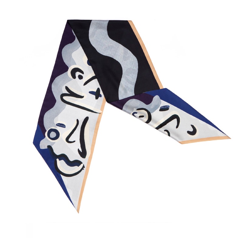 Double sided printed silk scarf with diagonal edges, Statement accessory made from twill silk, Dark blue, Grey, Tan Brown, Black, White image 5