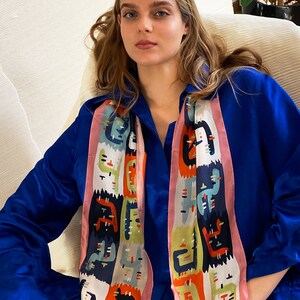 Printed extra long silk scarf, skinny twill double sided scarf, Gibberish multicolored scarf for her, Elegant shape and diagonal edges image 3