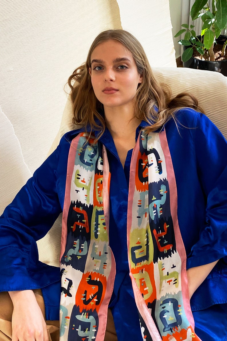 Printed extra long silk scarf, skinny twill double sided scarf, Gibberish multicolored scarf for her, Elegant shape and diagonal edges image 3