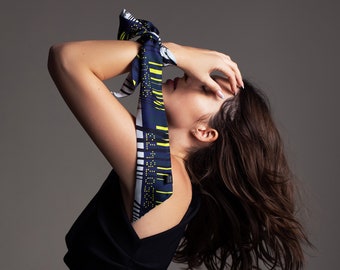 Narrow shape silk printed scarf with diagonal edges, Double sided skinny scarf, Perfect gift idea