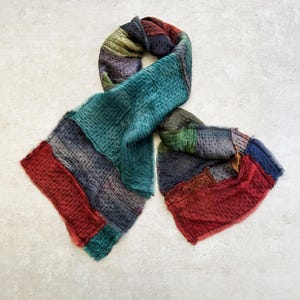 Handmade one of a kind patchwork blanket shawl, Multicolored boho silk and wool hand dyed scarf, Soft double layered body wrap, Gift for her