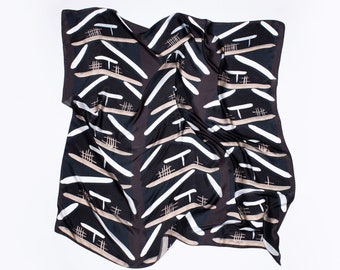 Big square printed silk scarf, Light and airy designer scarf in black, taupe and grey by Dikla Levsky, Made In Italy