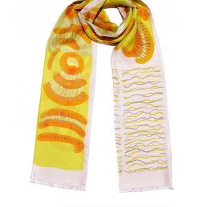 Elegant narrow silk twill scarf with yellow, white and orange image 3