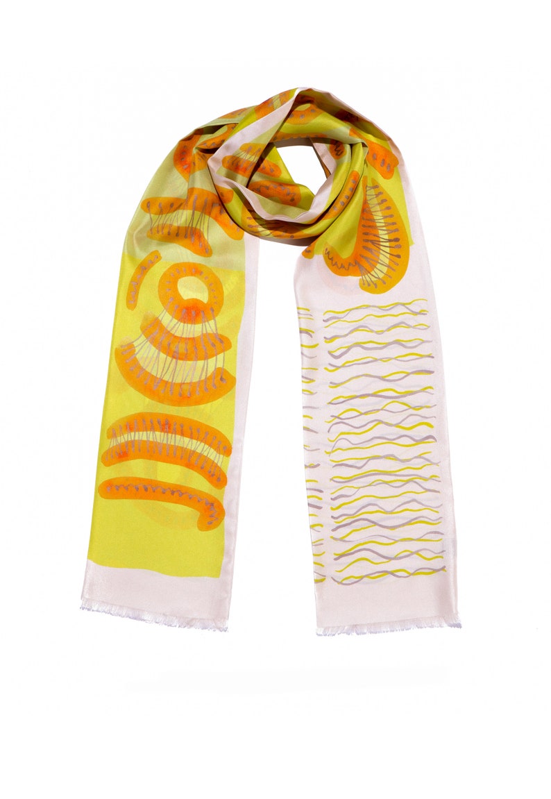 Elegant narrow silk twill scarf with yellow, white and orange image 3