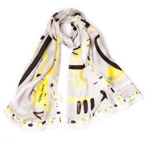 Printed scarf made from light twill silk, Rectangular designer scarf in light grey, white, black and neon yellow. image 5