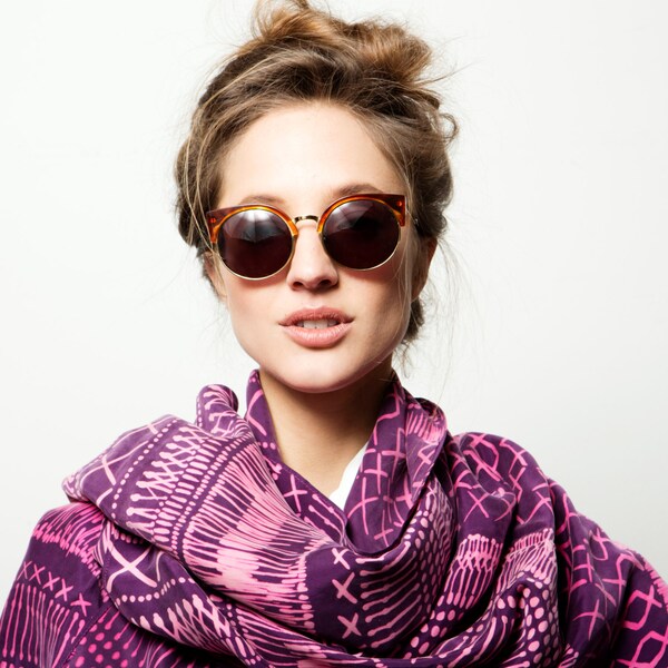 Primitive printed scarf, Purple and Neon Pink hand printed Art to wear by Dikla Levsky