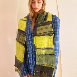 Handmade rustic one of a kind narrow shawl with frayed edges, Neon Yellow, Black and Grey patchwork hand dyed silk and wool scarf, Gift idea image 4