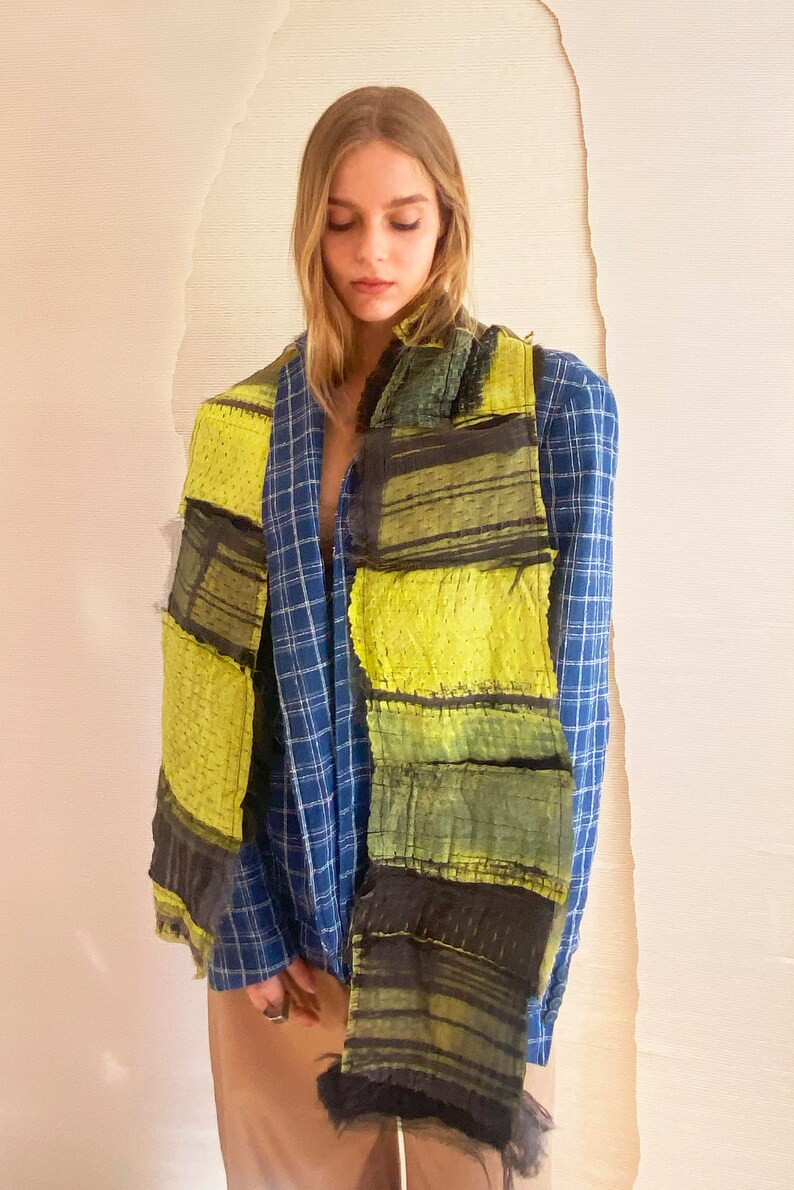 Handmade rustic one of a kind narrow shawl with frayed edges, Neon Yellow, Black and Grey patchwork hand dyed silk and wool scarf, Gift idea image 4