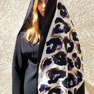 Floral abstract printed silk scarf in Black and white, Original designer scarf by Dikla Levsky, Made in Italy, Gift box included image 7