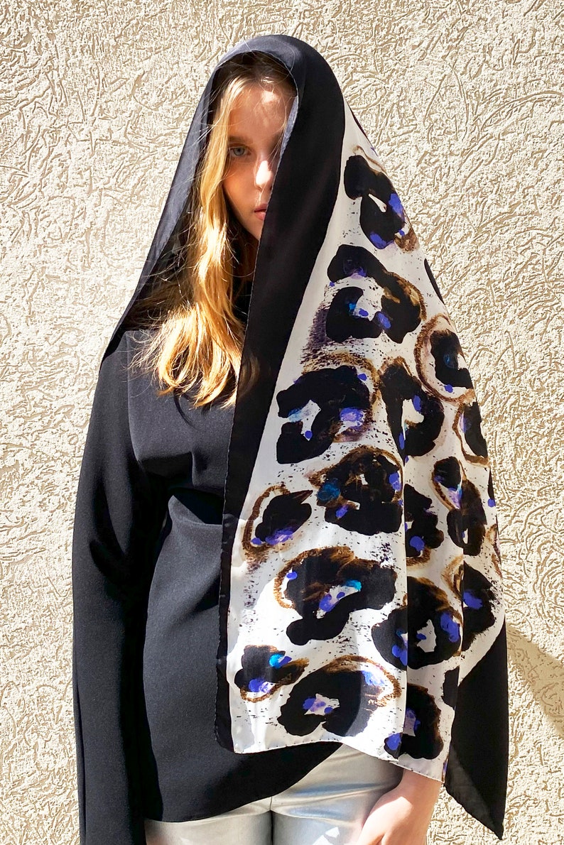 Floral abstract printed silk scarf in Black and white, Original designer scarf by Dikla Levsky, Made in Italy, Gift box included image 7