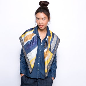 Silk twill printed square scarf, Luxurious classic scarf, Made in Italy, Grey, Yellow, Blue, Designer scarf by Dikla Levsky image 5