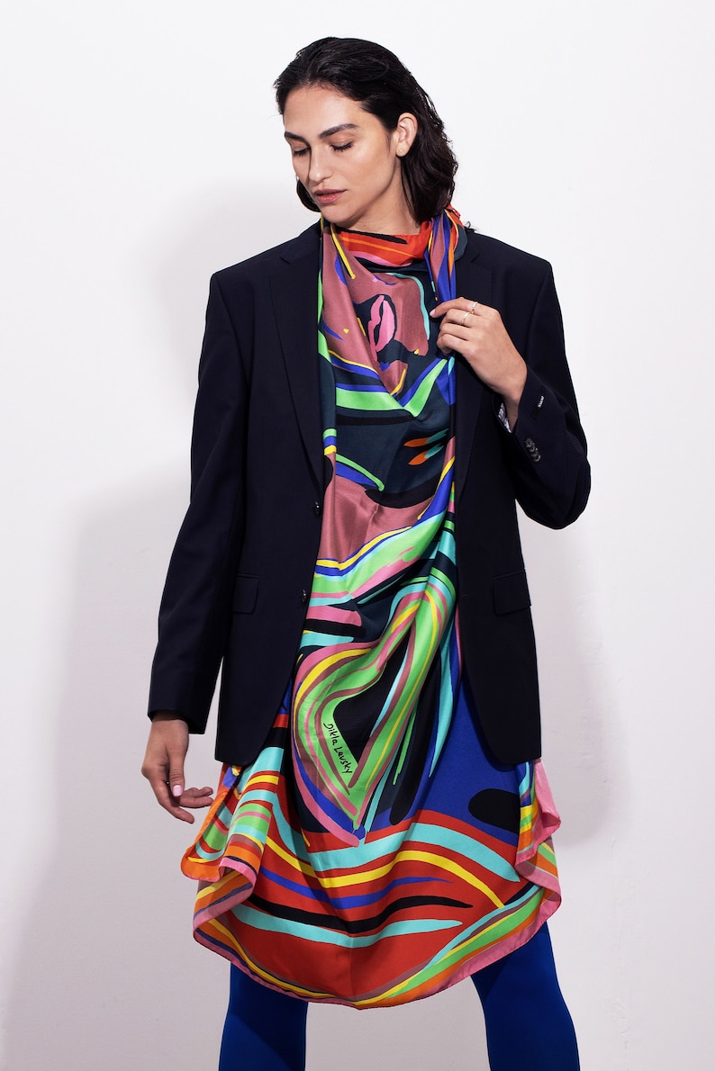 Multicolored huge square designer scarf made from twill silk, 55 inch silk Pareo body wrap, All seasons versatile Luxury accessory for her