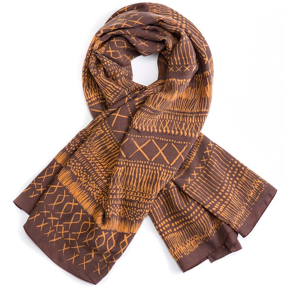 ON SALE: Hand printed primitive scarf, Brown womal shawl, original pattern  by Dikla Levsky