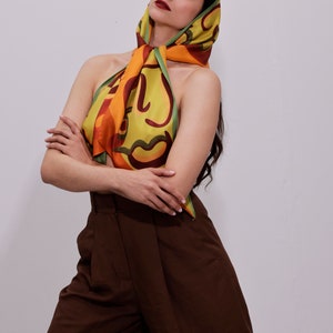 Printed silk scarf in vibrant colors and long shape with diagonal edges, Double sided reversible designer scarf, Gift for her image 3