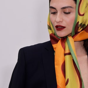 Printed silk scarf in vibrant colors and long shape with diagonal edges, Double sided reversible designer scarf, Gift for her image 2