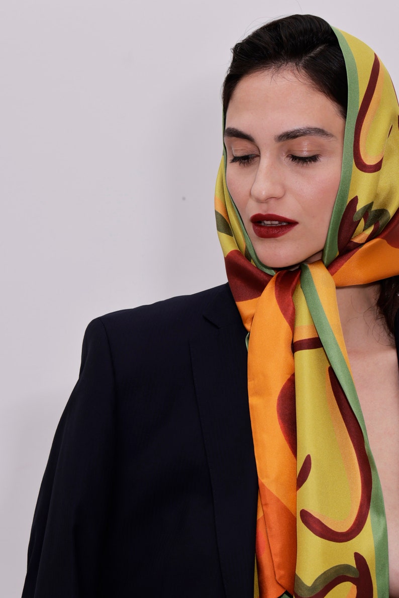 Printed silk scarf in vibrant colors and long shape with diagonal edges, Double sided reversible designer scarf, Gift for her image 2
