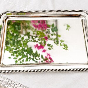 May include: A rectangular silver-toned serving tray with a polished, reflective surface and a decorative rope-style border. The tray features a smooth, flat base and raised edges, with the metallic finish reflecting green foliage and pink flowers.
