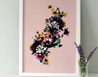 Coral Peach Flower Art Print, gallery wall, A4 & A3, Floral Art Print