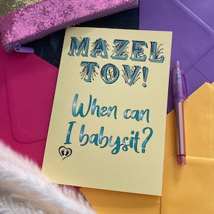 Mazel Tov wanneer kan ik oppassen? Joodse nieuwe babykaart, gefeliciteerd met de geboorte, Mazel tov nieuwe babykaart