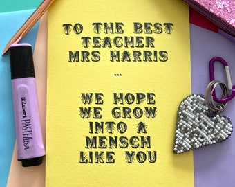 Thank you teacher! Personalised Thank you Jewish card to teacher. Mensch. Thank school teacher funny Jewish card, Bar or Bat Mitzvah teacher