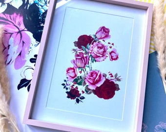 Red Roses Floral Art Print, floral poster, flower art, a4 and a3 Valentine’s Day gift, Mother’s Day gift