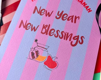 New year, new beginnings Jewish Rosh Hashanah card,  modern Jewish card,  Jewish new year card, retro colourful card