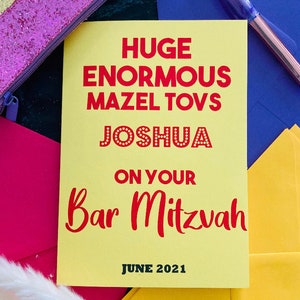 Mazel Tov Na Twojej spersonalizowanej karcie żydowskiej z okazji Bar Micwy, żydowskiej karcie Simcha, personalizowanej imieniem i datą chłopca z okazji Bat Micwy, nowoczesnej karcie żydowskiej