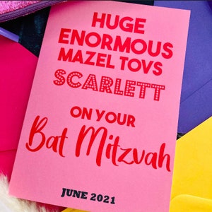 Mazel Tov Auf Ihrer Bat Mitzvah personalisierte jüdische Karte, batmitzvah, jüdische benutzerdefinierte Karte, mit Mädchen Namen und Datum personalisieren. Fledermaus Mitzwa