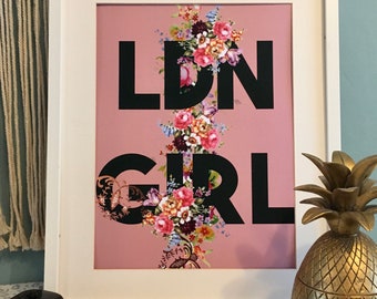 Pink London Girl floral Art Print, Gallery wall, LDN GIRL - girls room