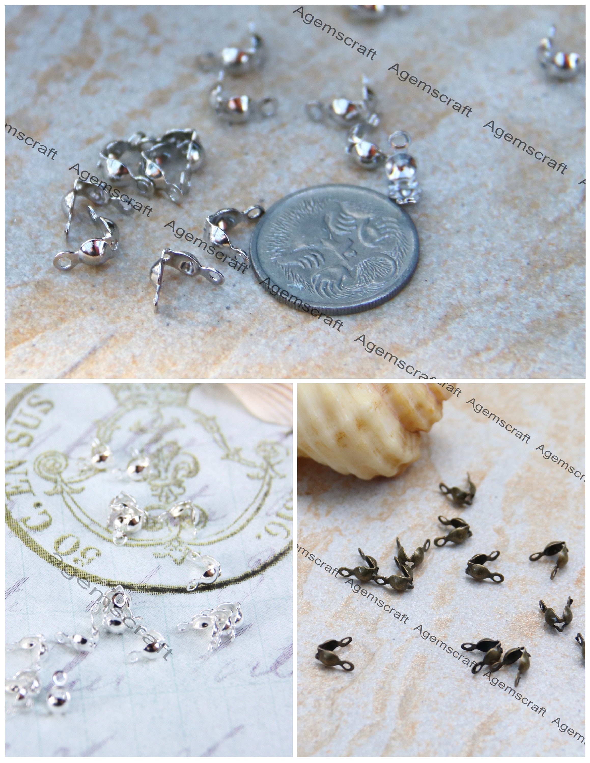 30 Crimp Bead Knot Cover Clamshell Calotte Style 4mm X 8mm Silver, Gold