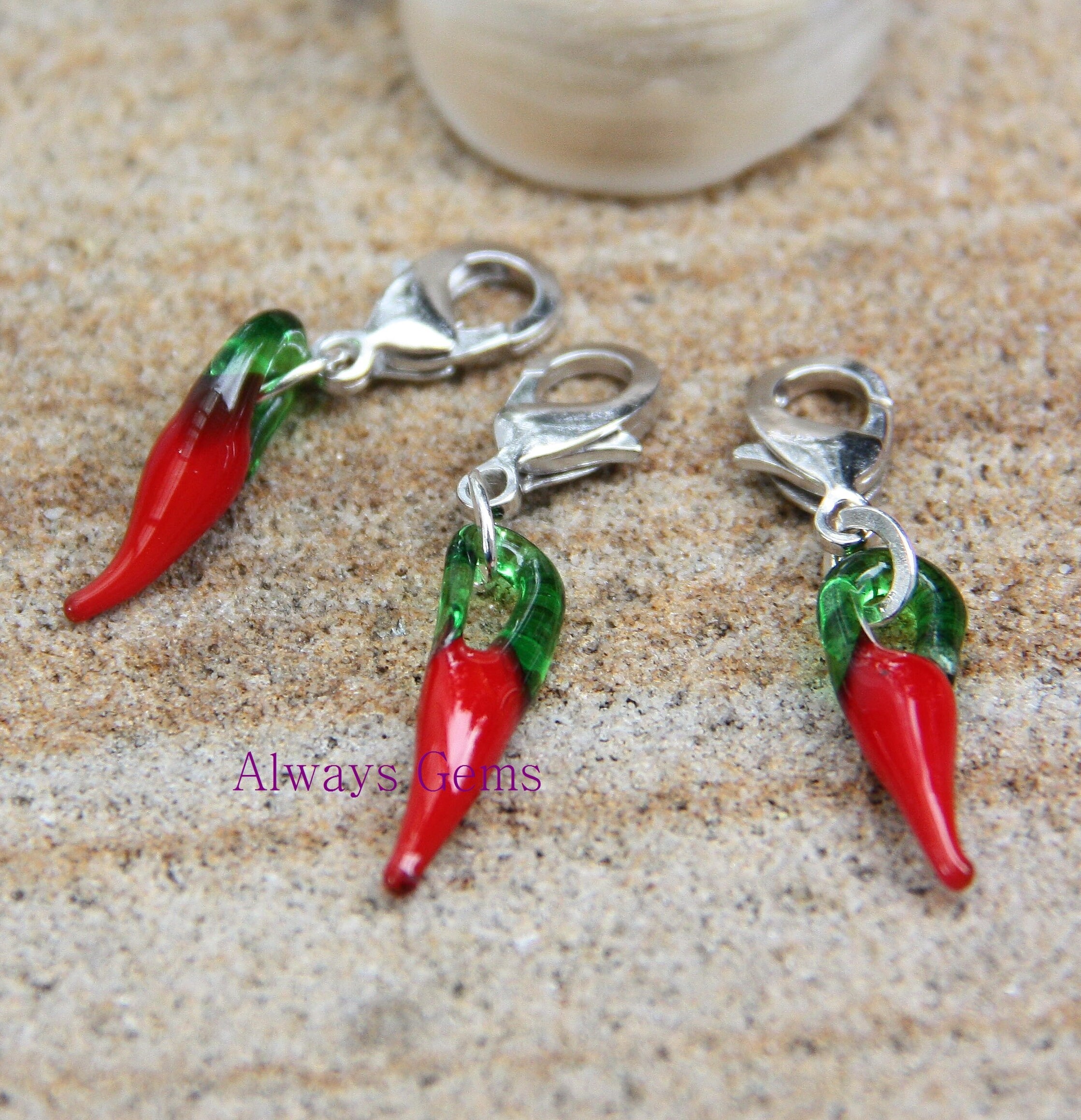 Lampwork Red Hot Chili Pepper clip on charm zipper pull charm Etsy
