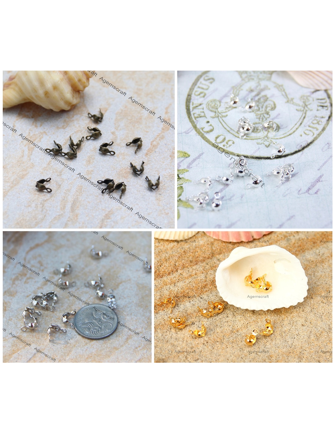 30 Crimp Bead Knot Cover Clamshell Calotte Style 4mm X 8mm Silver, Gold