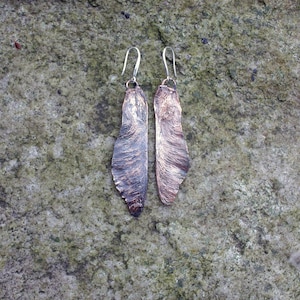Long Nature copper Earrings / Woodland Fairy Core / Dipped Copper Samara Pods, Electroformed Maple tree seed