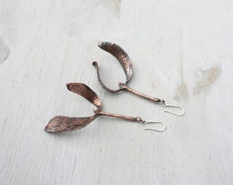 Electroformed Mistletoe Copper Earrings: Botanical Dangle Jewelry