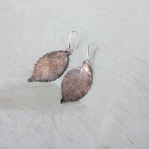 May include: A pair of leaf-shaped earrings. The earrings are made of copper-colored metal with a detailed leaf vein pattern. The edges of the leaves are dark, and the ear wires are silver-colored.