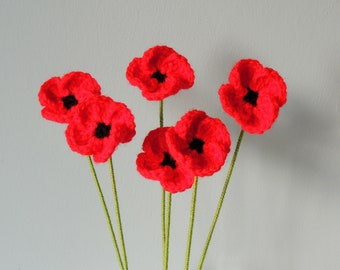 Crochet Poppy, Bouquet, Set of 6 Red Poppies