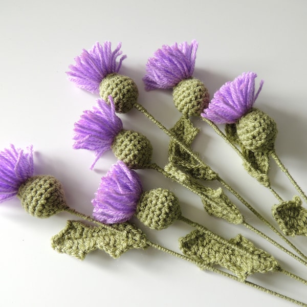 Chardons, chardons écossais, fleurs violettes, bouquet de fleurs au crochet, 6 chardons