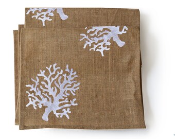 Burlap Table Runner, Coral Embroidered Table Runner, Table Linen, Rustic Style Table Runner, Nautical Decor, Beach Table Runner